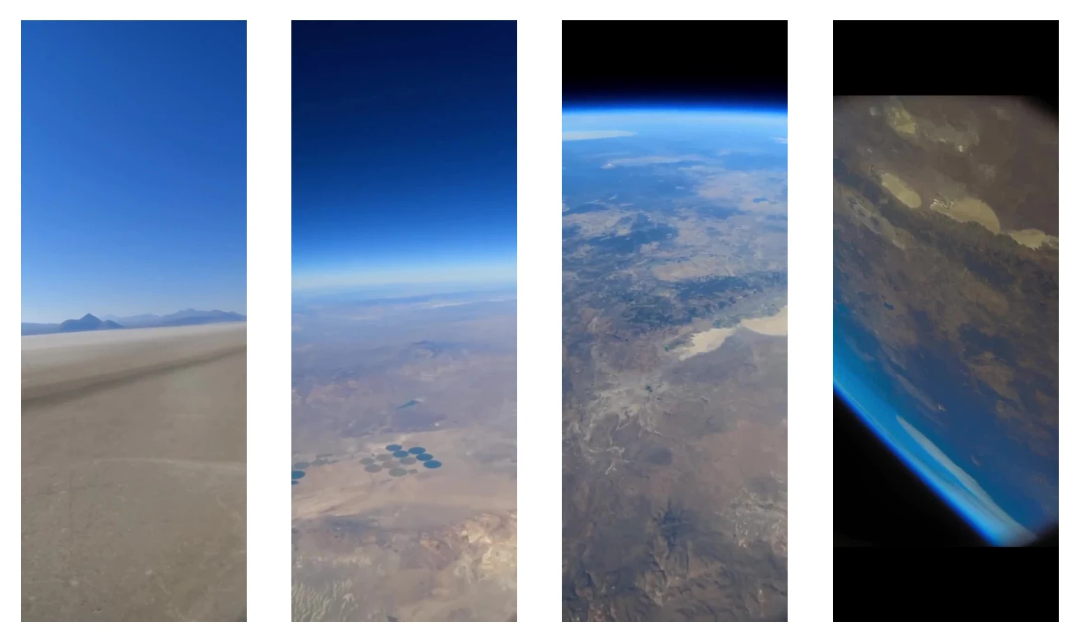 Four images are present that capture the horizon in increasing altitude from effectively ground level to at the edge of space.