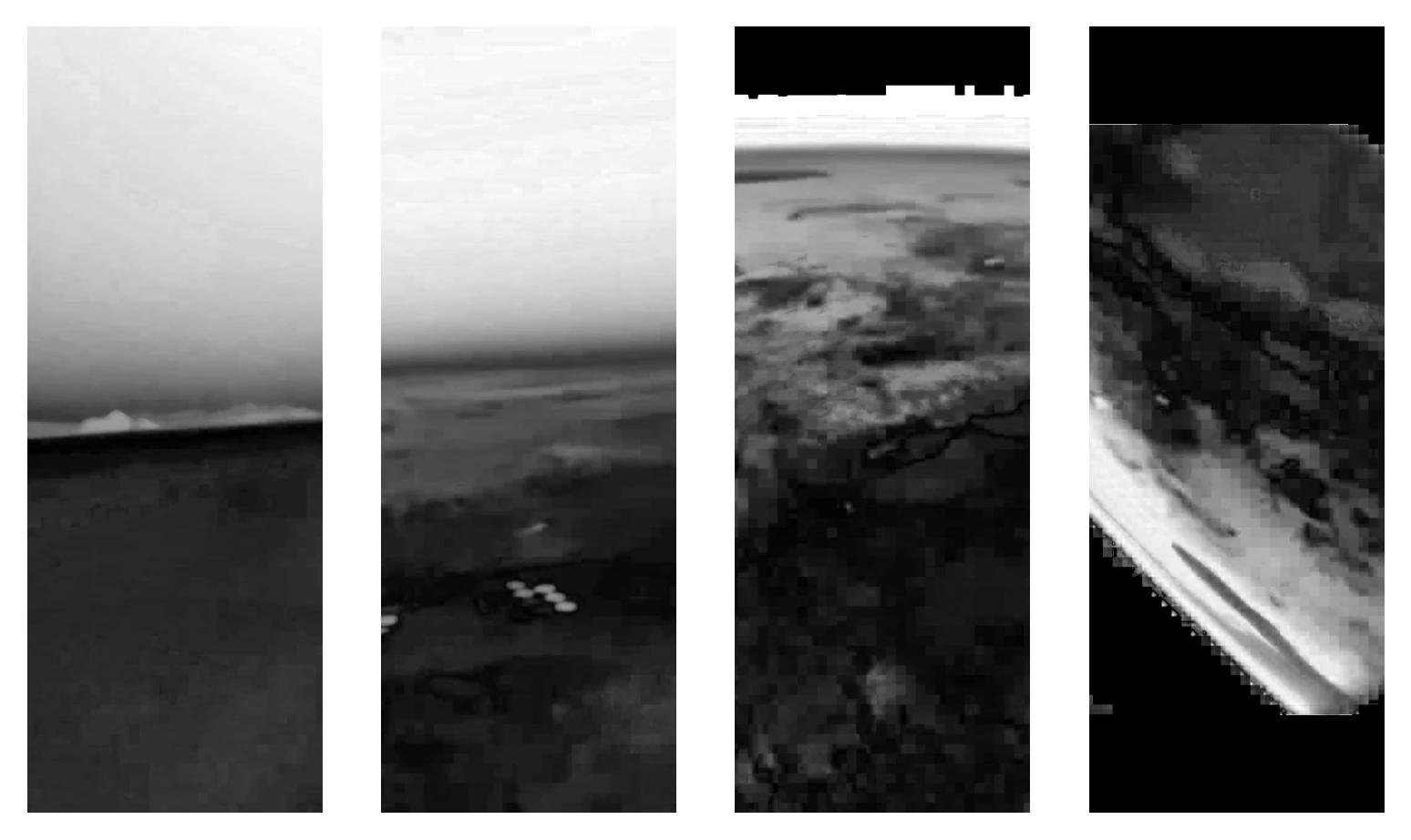 The previous images are now black and white, featuring generally dark features on Earth and generally bright features in the sky. The shots with the blackness of space are generally black as well.