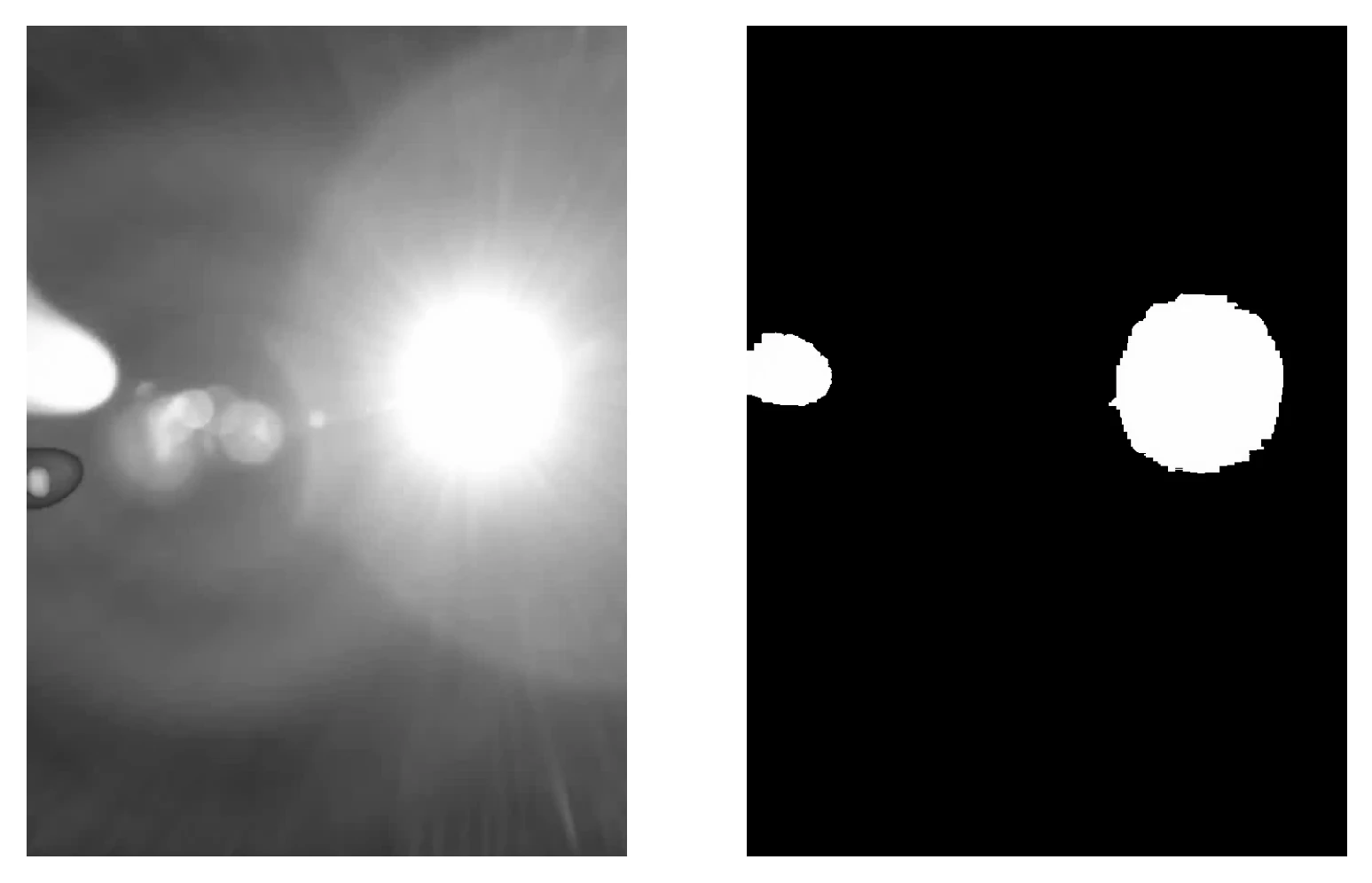 On the left is a greyscale image of the sun and a bright lens flare on the other side of the image. On the right, the mask has grabbed both the sun and the lens flare.