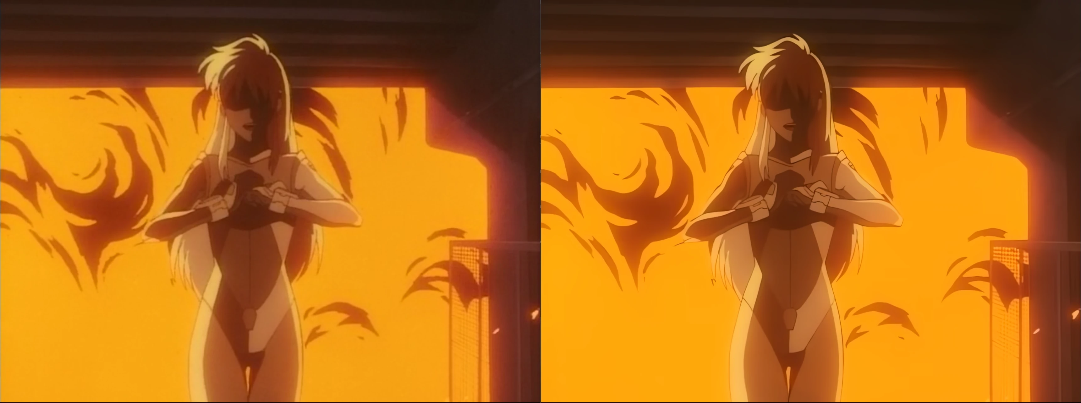 Blurry, noisy shot of birdy stepping out of a fire and cracking her knuckles on left. On the right is the same frame but much sharper, almost without noise. The sharpness does however emphasize some slight artifacts on the original rip, making the image look more artificial.