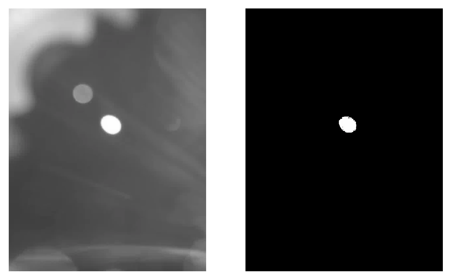 On the left is a greyscale image of lens flare caused by the sun at an off axis angle to the camera. On the right, the entire image is black other than a circular bit of lens flare caught in the mask.