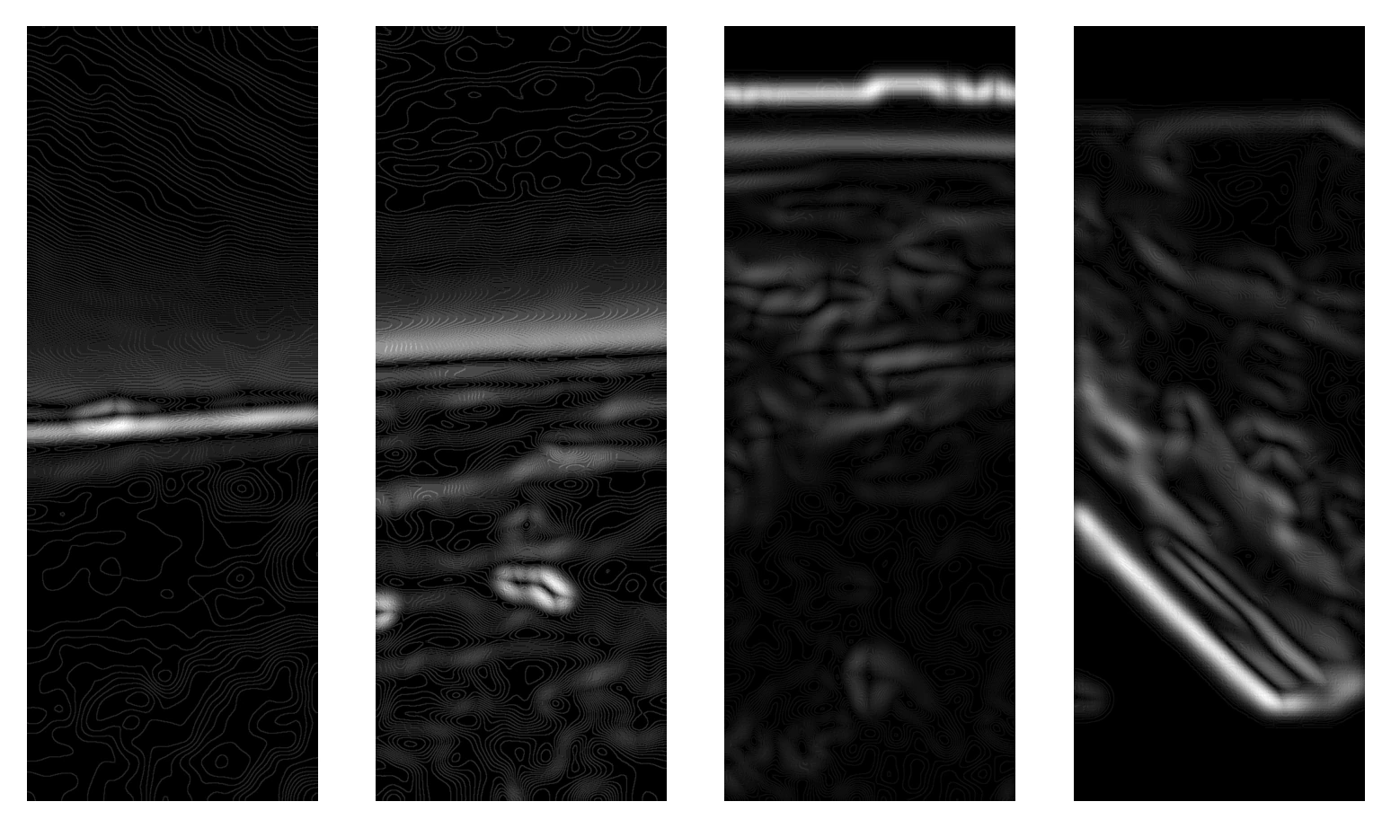 The gradients show bright curves along the horizon of the previous saturation band images. Also present is much information on the Earth, and some in the sky/space.