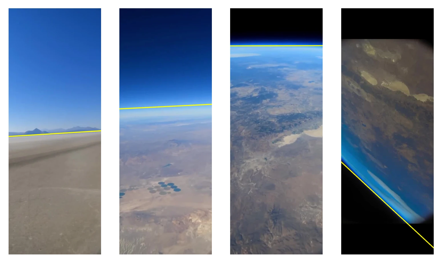 Estimated horizon lines are drawn onto the original color images. Some slight slanting and offset due to the bright atmosphere haze is present, but overall the lines are accurate, if a bit imprecise.