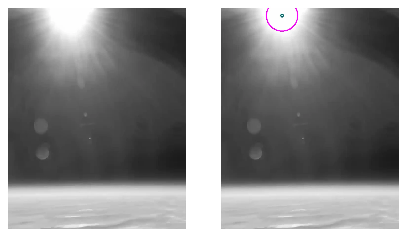 On the left is a greyscale image of Earth's horizon and above it the sun. On the right, the same image has a purple circle centered in the sun.