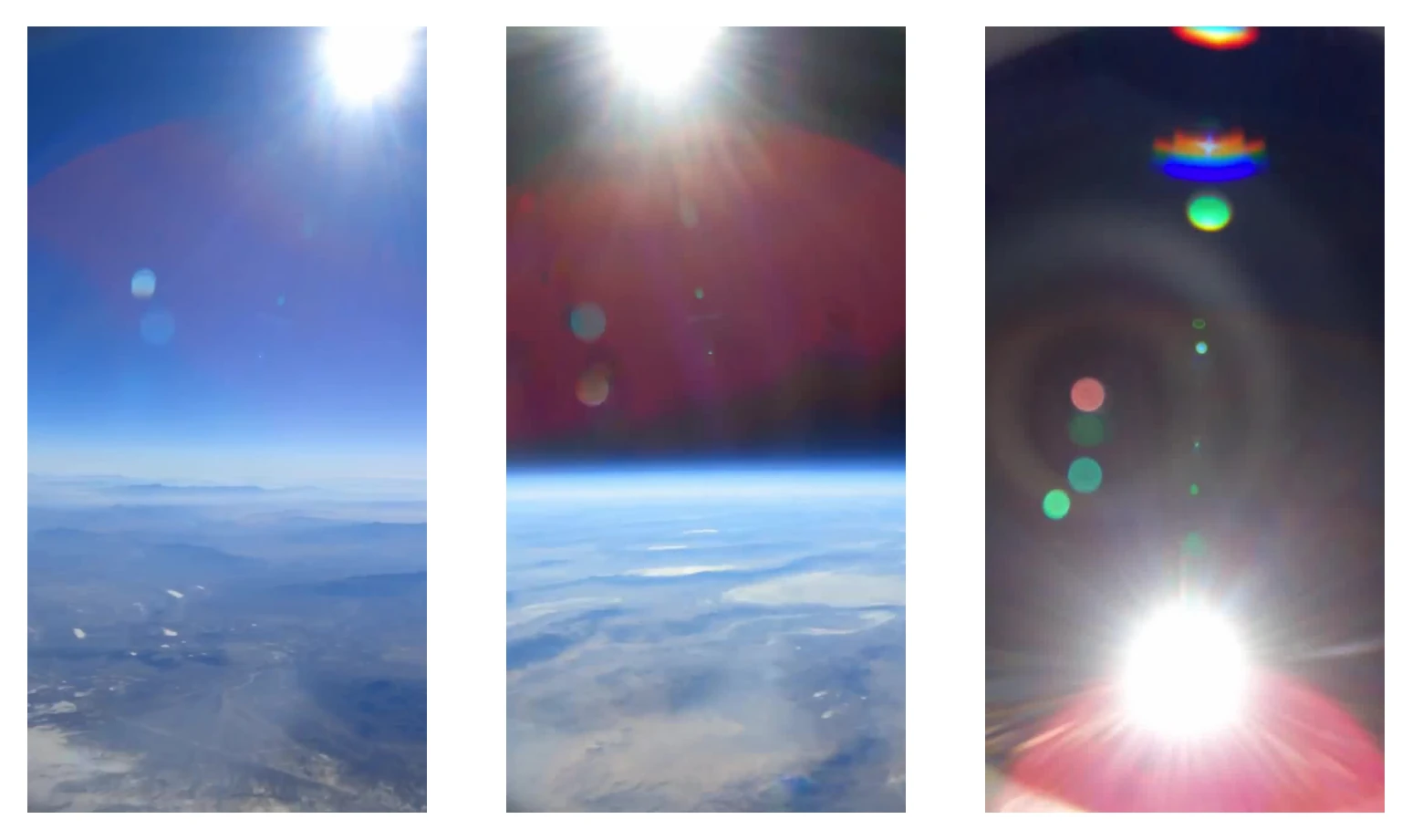 On the left, the rocket is still within the atmosphere and the sun is at the top right of the image. In the middle, the rocket has exited the atmosphere and the sun is at the top middle of the image. On the right, only the sun is in frame and significant lens flare is present.