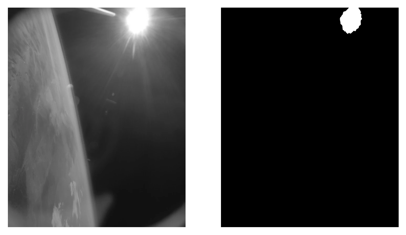 On the left is a greyscale image of Earth's horizon and the sun above it in the blackness of space. On the right, the entire image is black other than the sun.